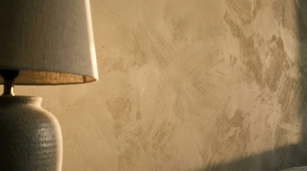 Limewash wall with soft texture and variation in warm bedroom light.