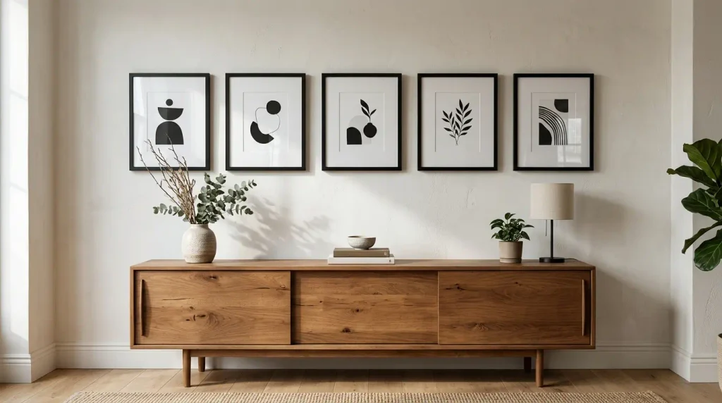 Linear gallery of frames above a sideboard