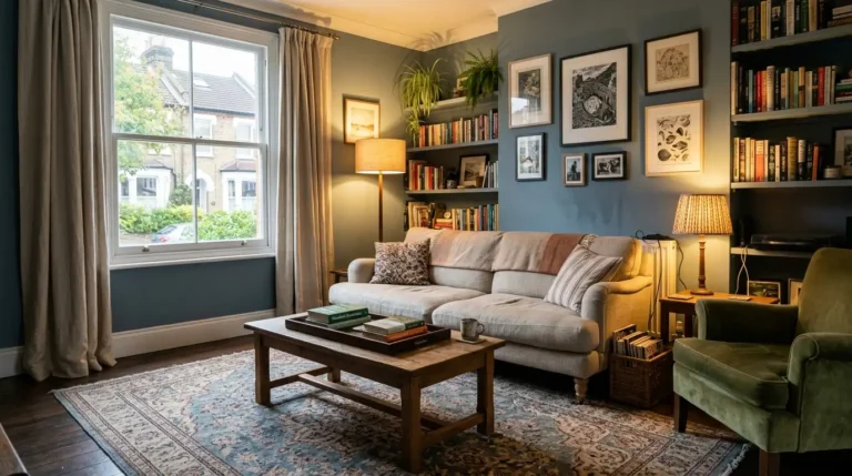Living room decor ideas shown in a refreshed lounge with a large wool rug, layered lamps and high-hung linen curtains