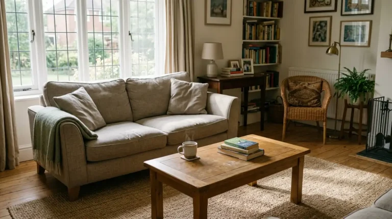 Living room furniture ideas shown in a real home with a hardwood-framed sofa, timber coffee table and rug in soft morning light