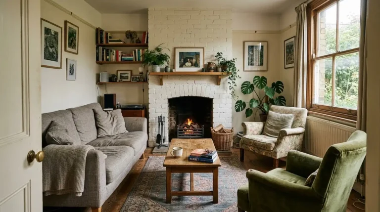 Living room furniture placement planned around a fireplace with a sofa, two armchairs and a rug