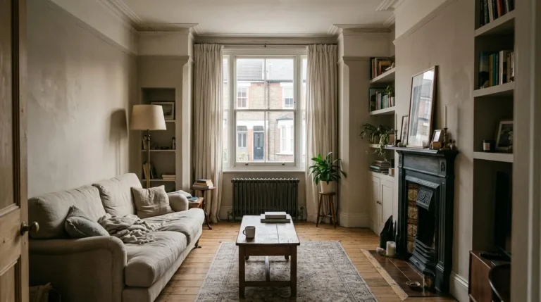 Living room painted in a warm greige, oak floor and linen sofa, afternoon light.