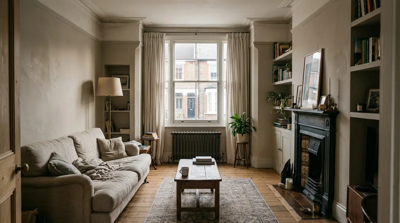 Living room painted in a warm greige, oak floor and linen sofa, afternoon light.