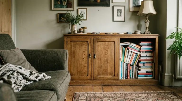 Living room sideboard with closed doors and one open shelf of books.