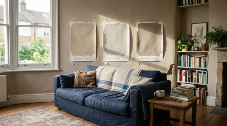Living room wall painted in a warm neutral colour with three large paint sample boards taped beside a sofa, showing how to choose the right paint colour for your living room