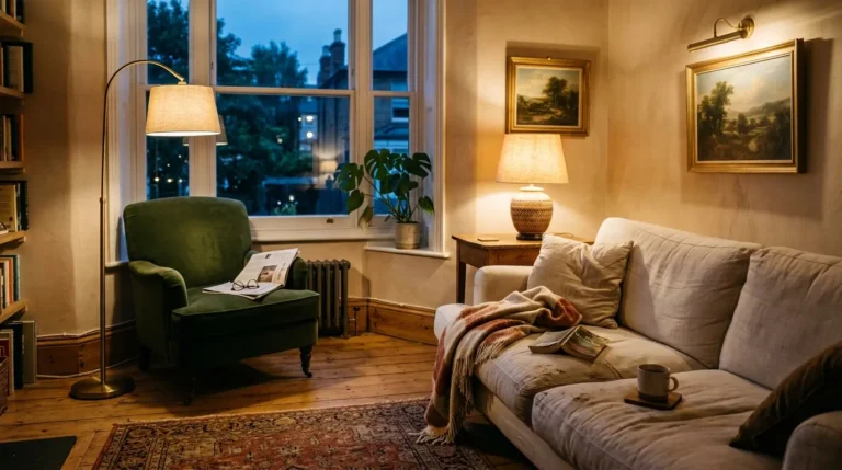 Living room with layered lighting showing a floor lamp beside an armchair, a table lamp, and a softly lit picture on the wall at dusk