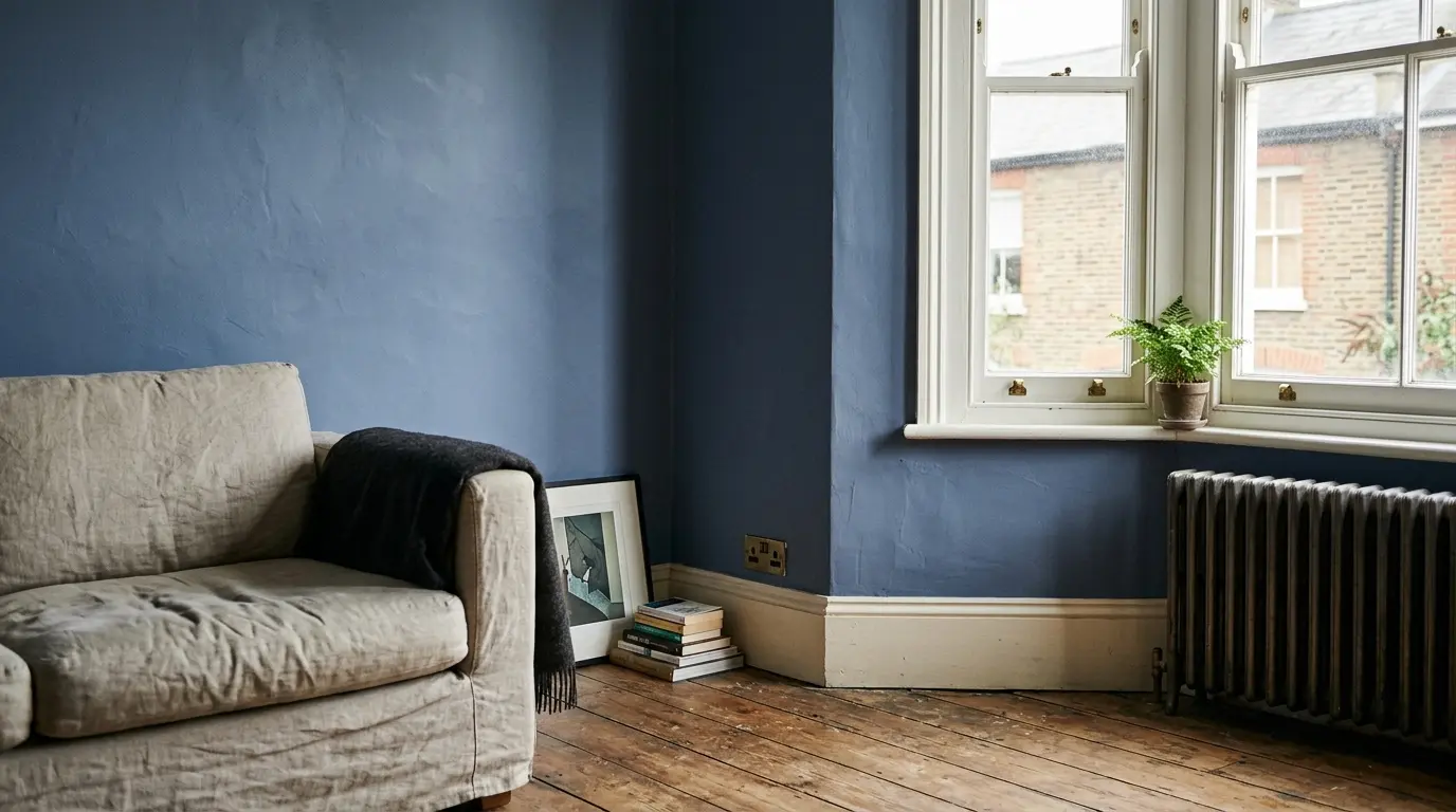 Soft indigo blue painted wall in a British living room with natural light.