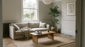 Japandi living room with low sofa, oak table and soft neutral walls.
