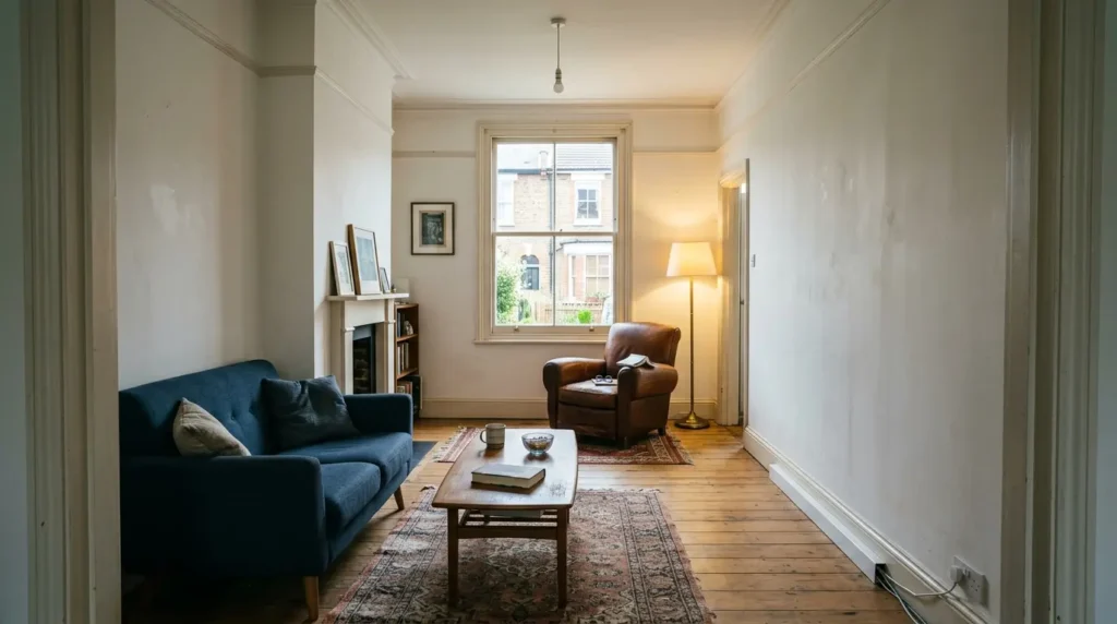 Long narrow living room arranged as two zones with separate rugs and a clear walkway down one side