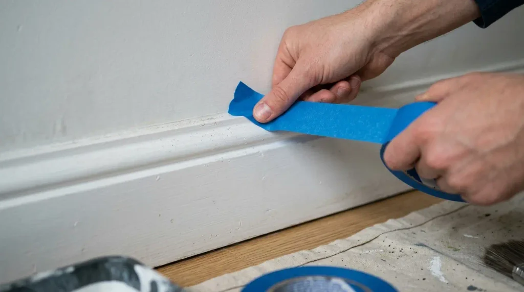 Masking skirting before painting a feature wall.