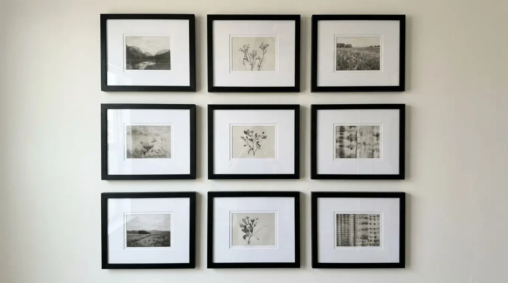 Matching grid of black framed prints.