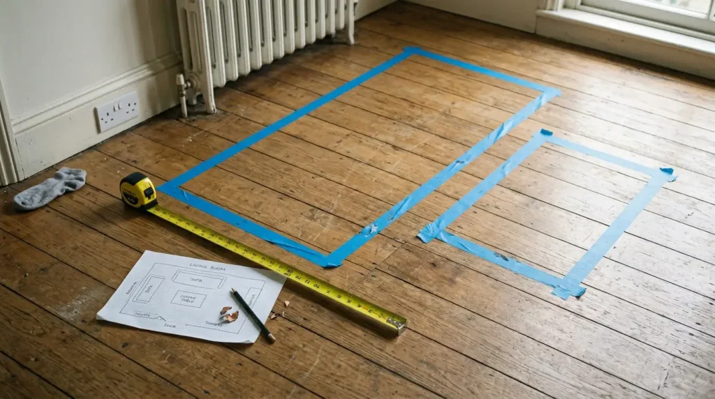 Masking tape outline of a sofa on a wooden floor with a tape measure and a hand-drawn room sketch to plan a furniture arrangement