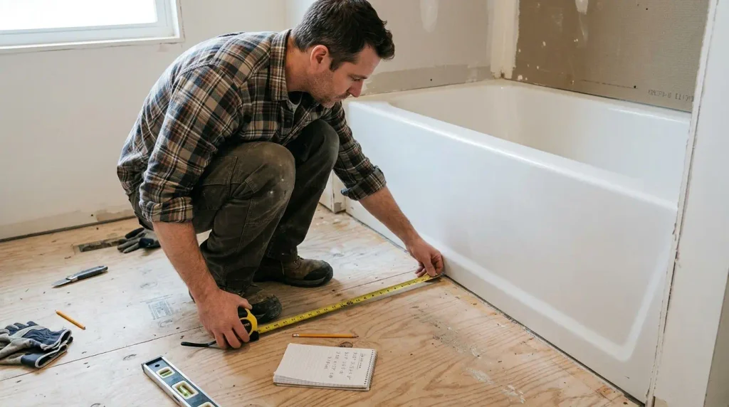 Measuring bathroom floor space for bath installation.