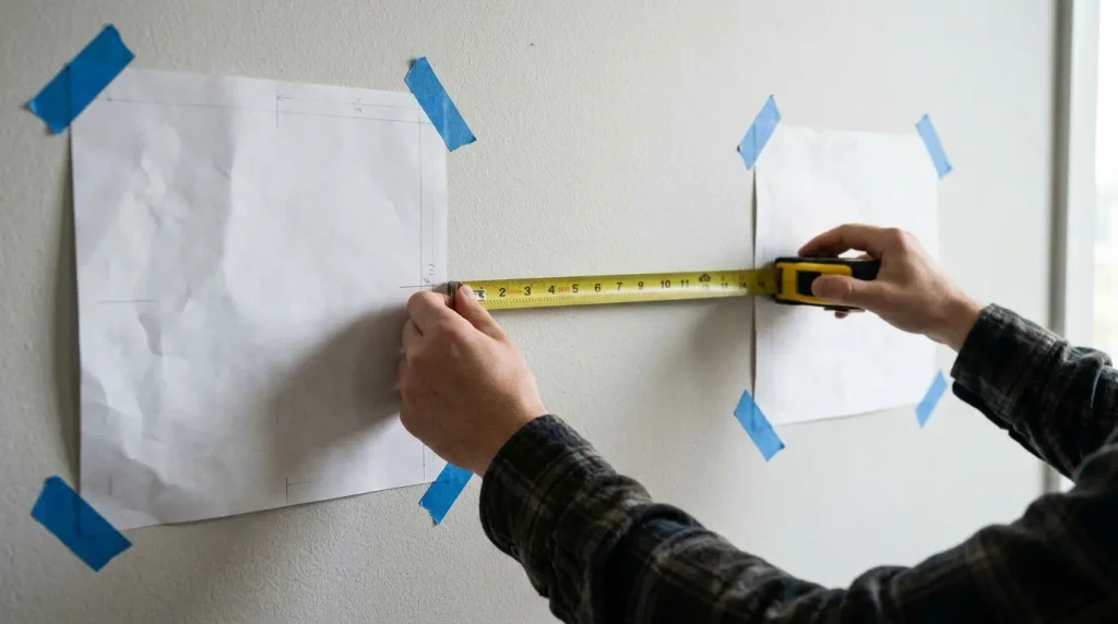 Measuring spacing between paper templates for a gallery wall.