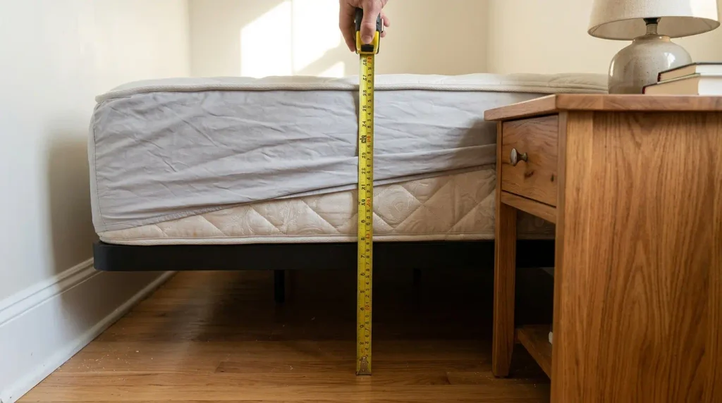 Measuring mattress height against a bedside table in a bedroom.