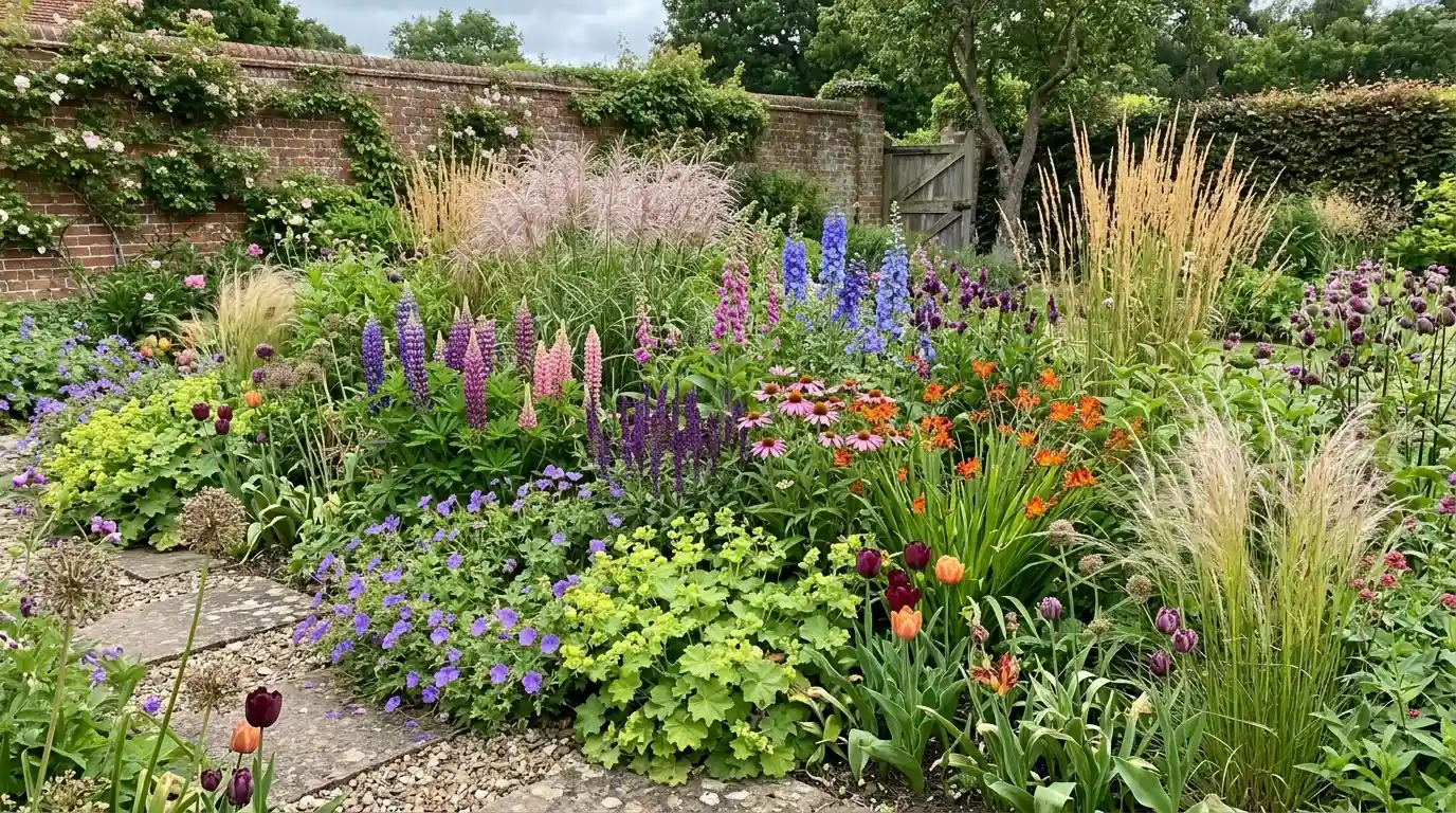 Mixed planting scheme with seasonal colour from bulbs to late grasses.