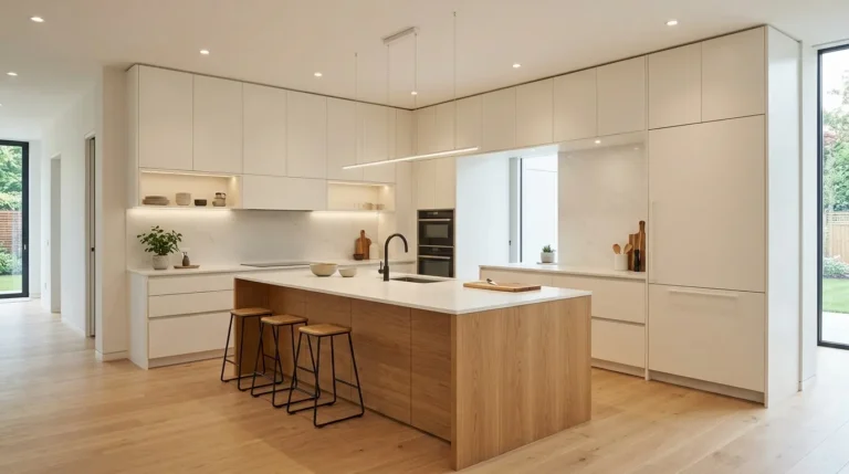 Modern handleless kitchen with warm white cabinets, matte quartz worktop, oak island and recessed lighting