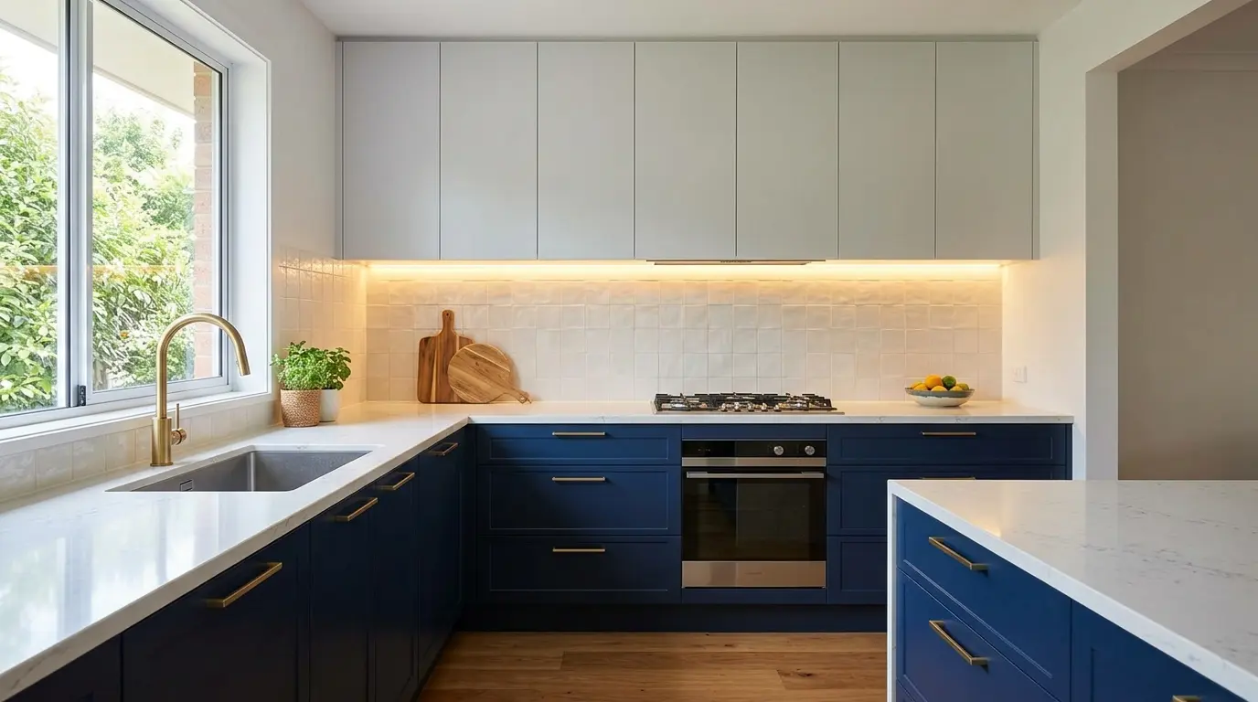 L-shaped kitchen with navy base units, light wall cabinets, quartz worktop and under-cabinet lighting