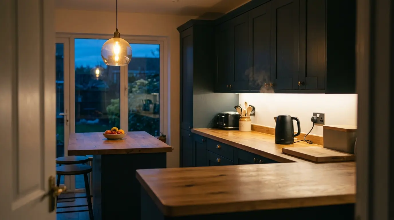 Kitchen with under-cabinet lighting and a pendant over the island.