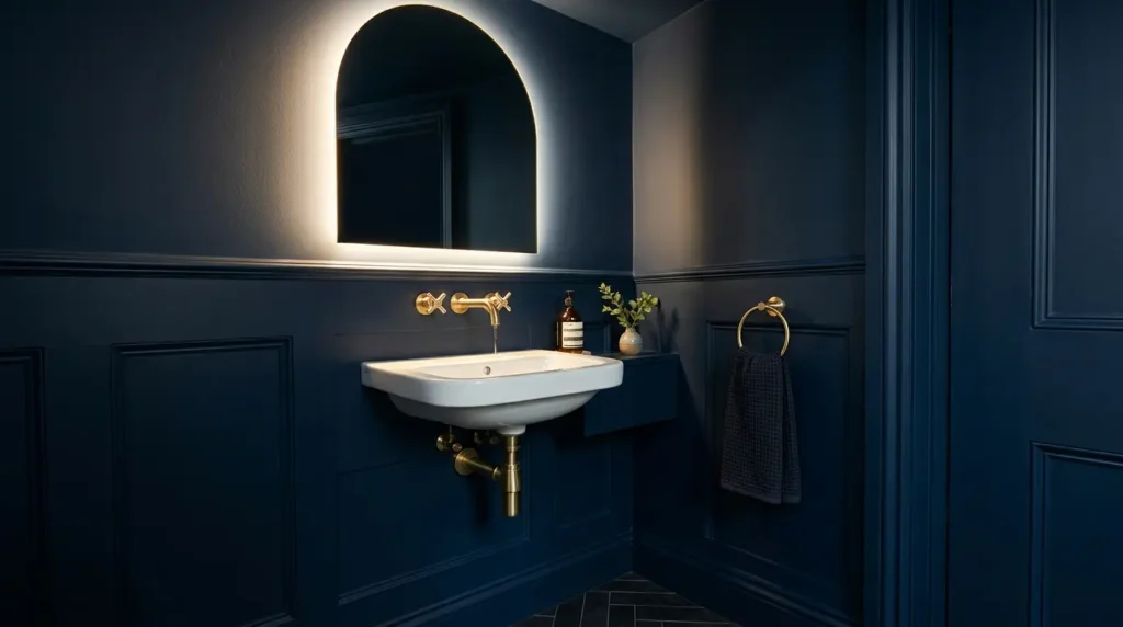 Navy colour-drenched cloakroom with brass fittings.