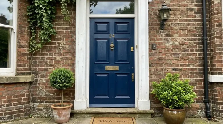 Navy front door on a British brick house.