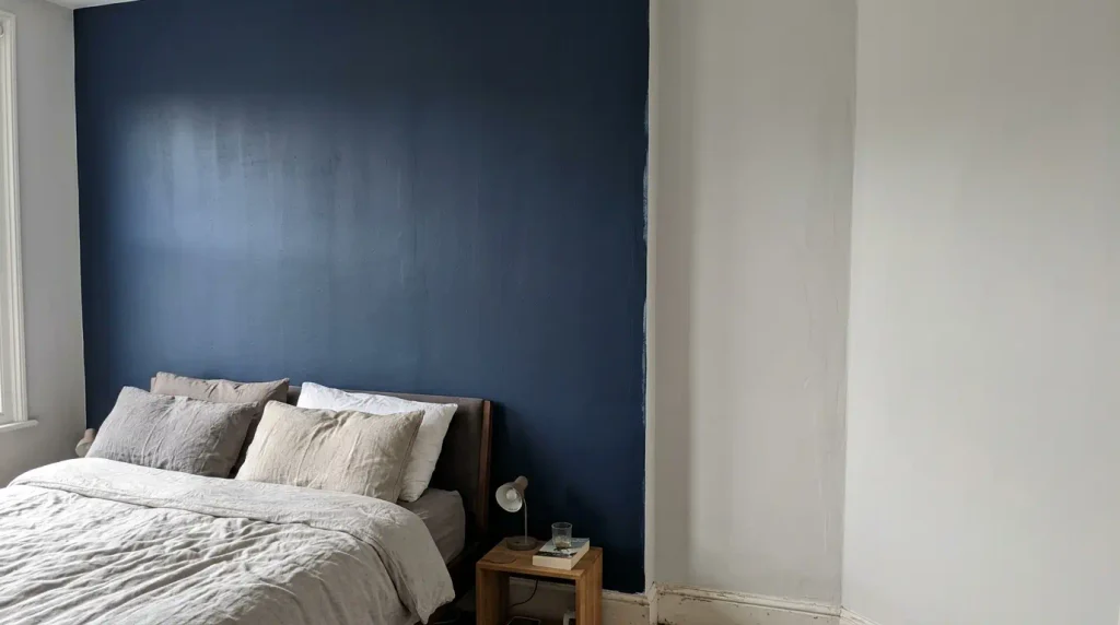 Deep navy painted feature wall behind a bed

