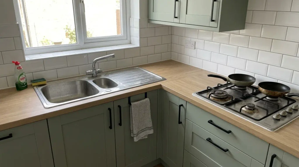 Kitchen sink and hob kept in place during a budget renovation.