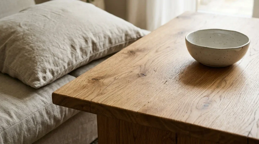 Oak coffee table with visible grain and natural textiles in a Japandi room.