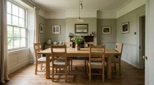 Oak dining table with chairs pulled out showing clear floor space in a British dining room