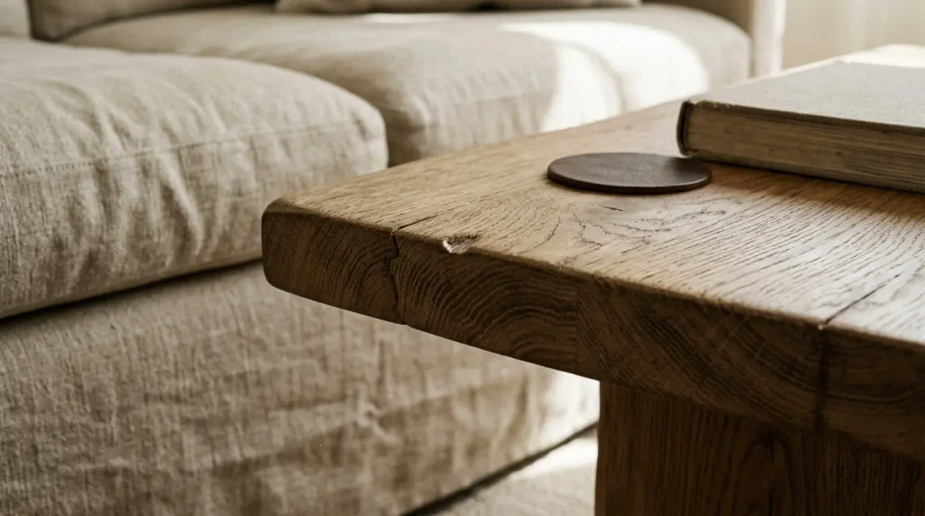 Solid oak coffee table edge and linen sofa fabric in a farmhouse living room.
