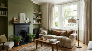 Olive green feature wall balanced with warm oak and cream furnishings.