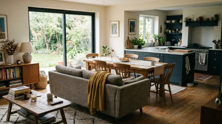 Open plan living room with a zoned sofa area, dining table and kitchen island in soft natural daylight