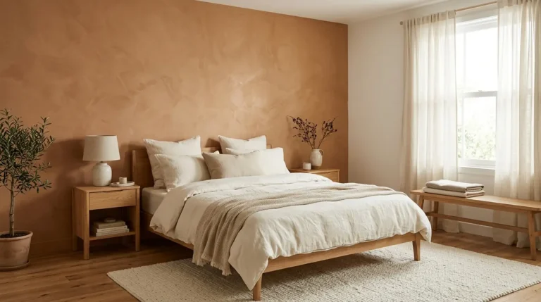 Painted clay feature wall behind a double bed with plain cream bedding and a timber lamp