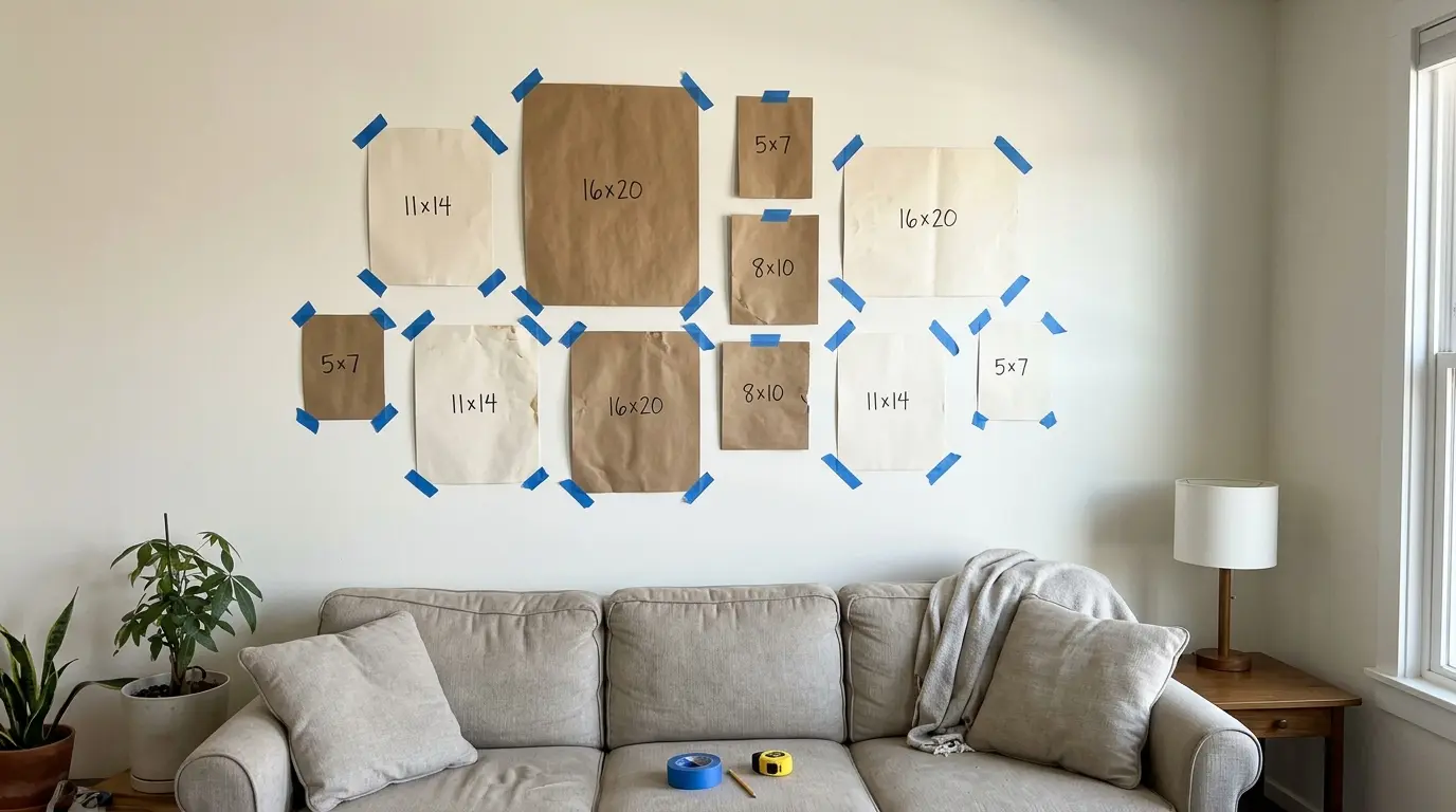 Paper templates arranged on a wall for gallery wall planning.