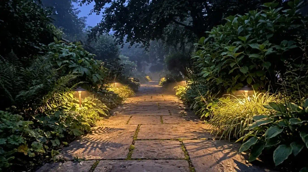 Low path lights illuminating a garden walkway at dusk.