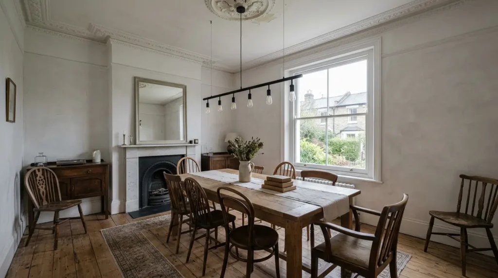 Large linear pendant light hung over a rectangular dining table in a high ceilinged period room