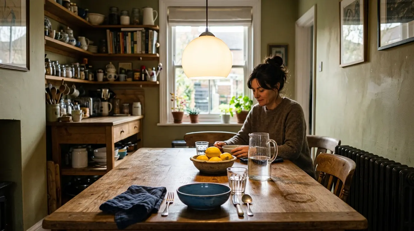 Pendant light hanging 80cm above a wooden dining table in a UK kitchen diner, showing the correct pendant height over a dining table