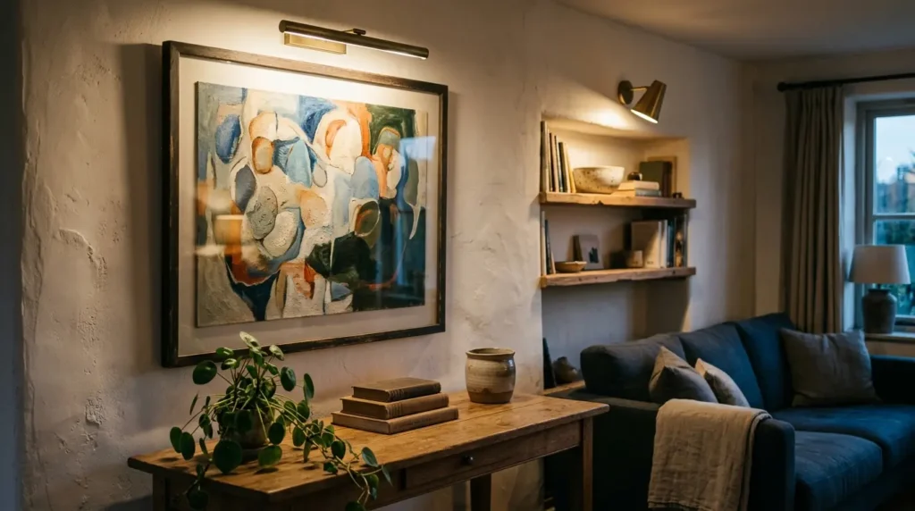 Accent lighting in a living room with a brass picture light over framed art and a lit shelf alcove