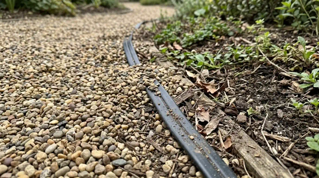Low-voltage garden lighting cable along a path edge.