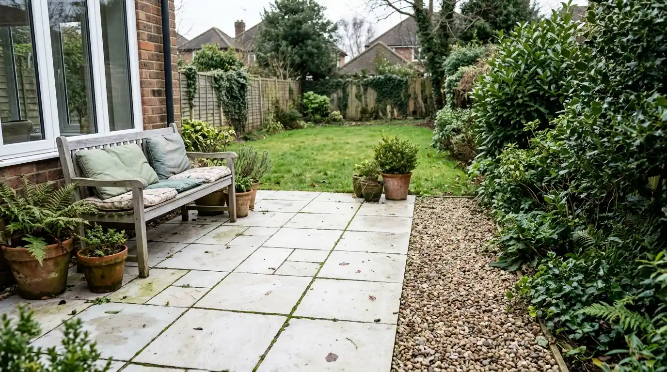Porcelain paved terrace with timber bench and evergreen planting in a UK garden.