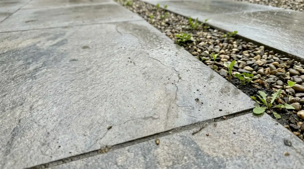 Close view of porcelain paving and gravel edge after rain in a garden.