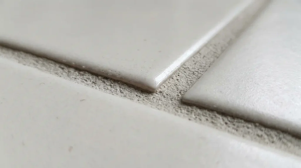 Close view of porcelain bathroom floor tile and grout