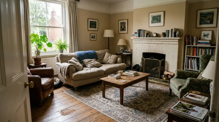 Rectangular living room furniture layout with a sofa, two armchairs and a rug facing a fireplace in soft daylight