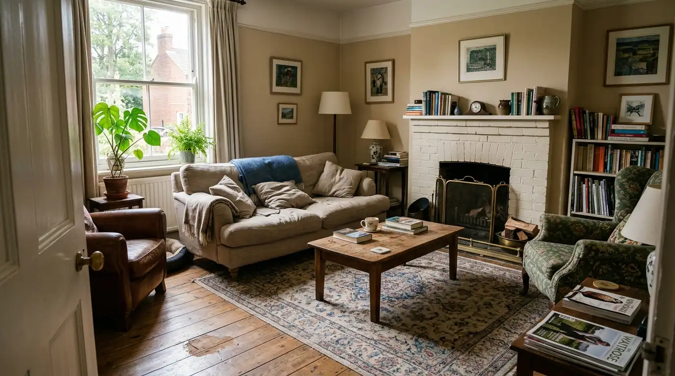 Rectangular living room furniture layout with a sofa, two armchairs and a rug facing a fireplace in soft daylight