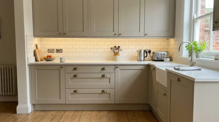 Renovated kitchen with painted cabinets, light worktop, and under-cabinet lighting.