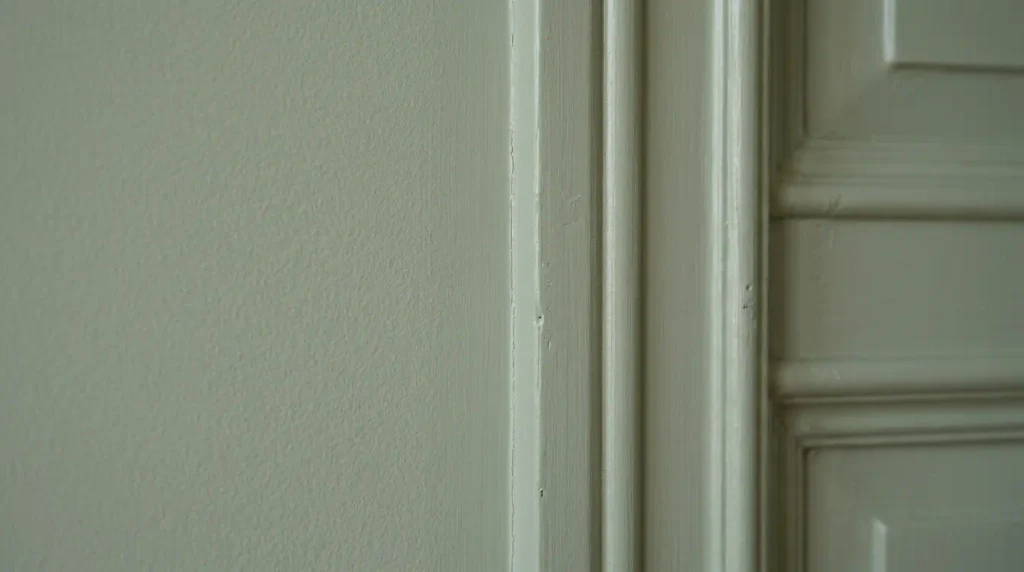 Sage green colour drench sample on wall and woodwork.