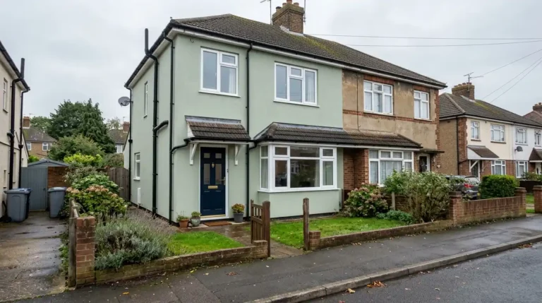 Sage green exterior paint on a British house.
