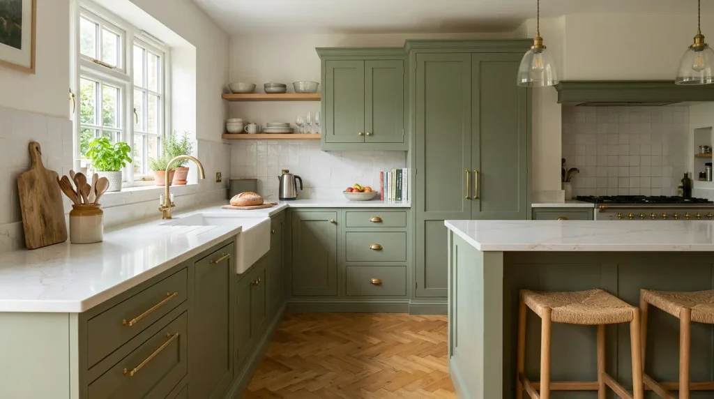 Sage green kitchen cabinets with brass handles.
