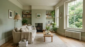 Sage green living room walls with warm oak and brass accents.