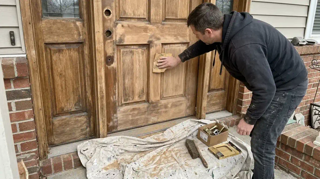 Sanding a front door before painting